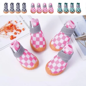 โคเวน 4 ชิ้น/เซ็ต รองเท้าสุนัขระบายอากาศสีชมพู กันลื่น ตาข่ายนุ่ม สวมทน